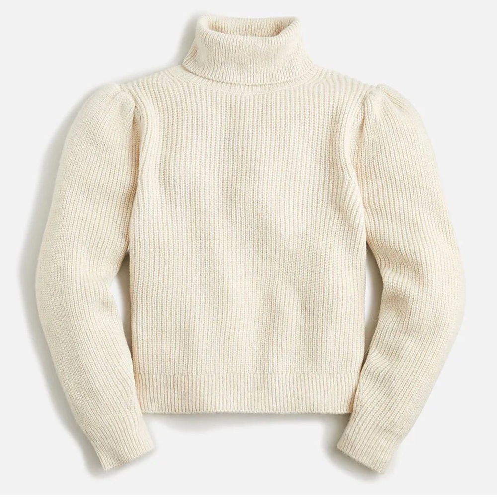 ✨🤍 J.Crew‎ Chunky Ribbed Turtleneck Puff Sleeve Sweater Size M 🤍✨